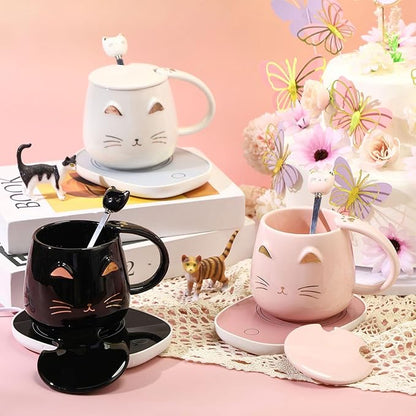 Cat Coffee Cup Coffee Warmer with Mug for Women Electric Mug Heater Temperature Control Ceramic Cute Cat Warmer for Office Valentine' Day Birthday Gift(Black)