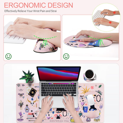 Petmolico Mouse Pad Set with Computer Keyboard Desk Pad,Mouse Pad with Wrist Rest,Typing Wrist Pad and Cup Coasters,Ergonomic Design for Typing Pain Relief [Pink,Halloween]