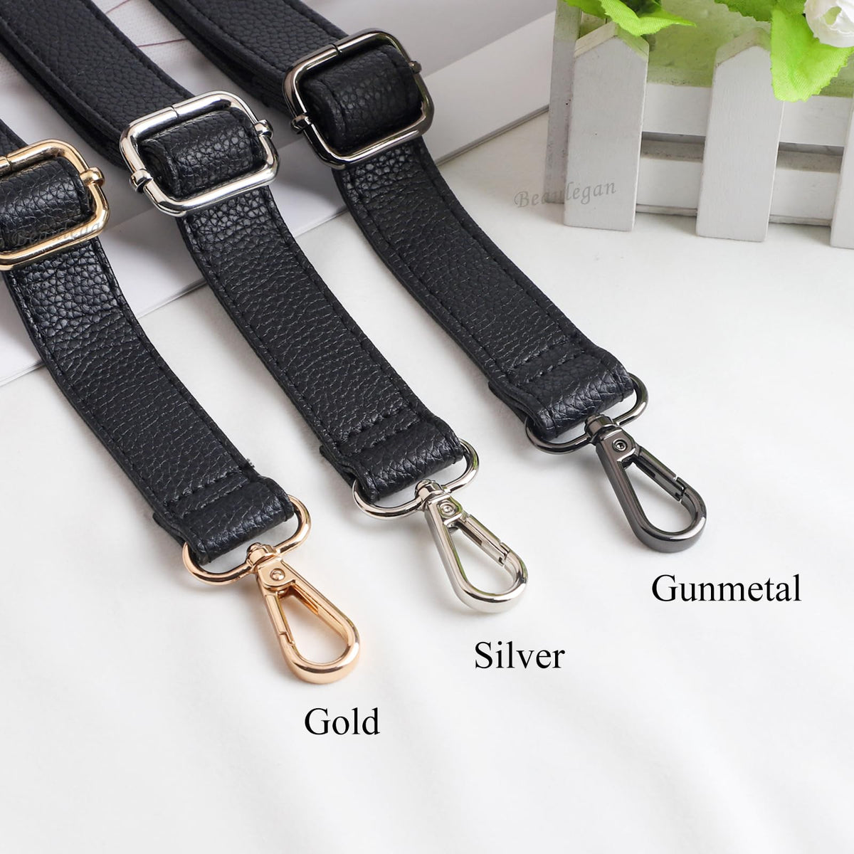BEAULEGAN Purse Strap Replacement - Full Grain Microfiber Leather - 59 Inch Long Adjustable for Crossbody Shoulder Bag - 1 Inch Wide, Black/Gold
