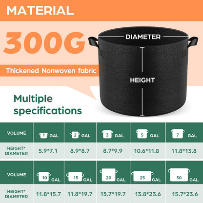 Jorvila 5 Pack 5 Gallon Grow Bags, Thickened Nonwoven Fabric Planter Pots with Handles, Heavy Duty 300G Garden Pots for Tomato, Potato and Vegetable