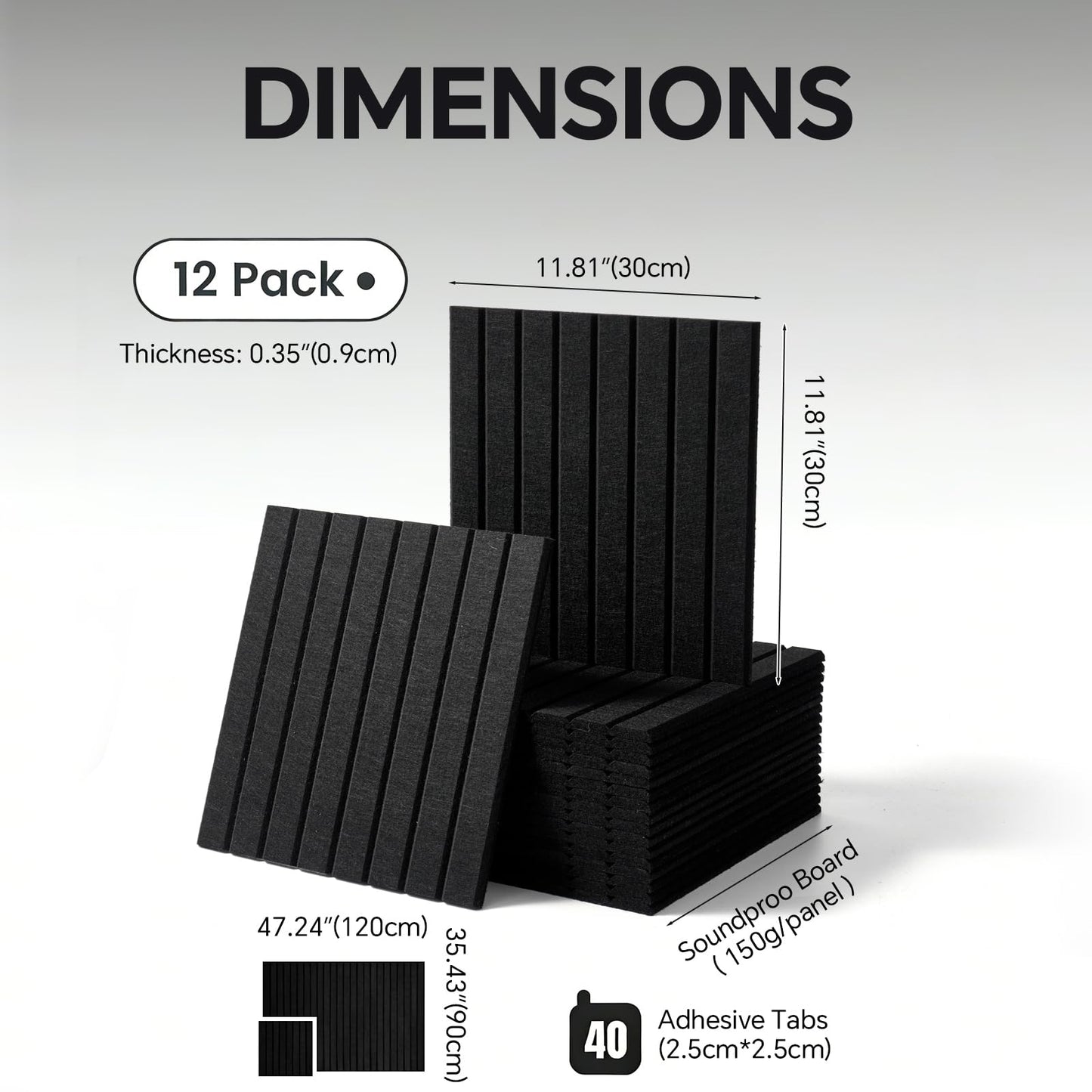 Slat Felt Wall Tiles (12 Pack) - 11.8"x11.8" Self-Adhesive Bulletin Board for Wall, Acoustic Panels for Sound Dampening, Modern Black Pin Board, Home Office Decor (30x30cm)