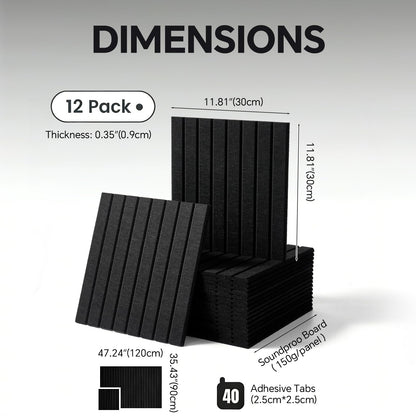 Slat Felt Wall Tiles (12 Pack) - 11.8"x11.8" Self-Adhesive Bulletin Board for Wall, Acoustic Panels for Sound Dampening, Modern Black Pin Board, Home Office Decor (30x30cm)