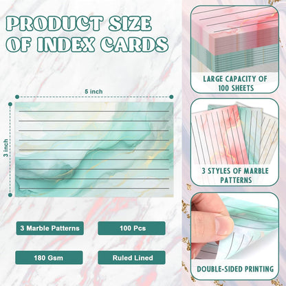 100 Pack Colored Index Cards 3x5 Marble Notecards Lined FlashCards for Studying Heavy Note Cards 180 gsm Memo Cards for Office Home School Supplies