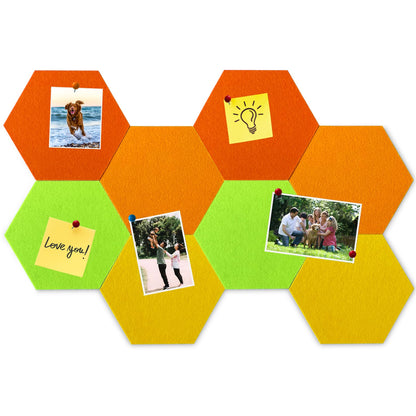 HULAVO 8Pcs Hexagon Felt Cork Board Tiles, Self Adhesive DIY Bulletin Board Pin Board for Office School Home Wall Decor Stickers Memos Photos Display (Gradual Orange)