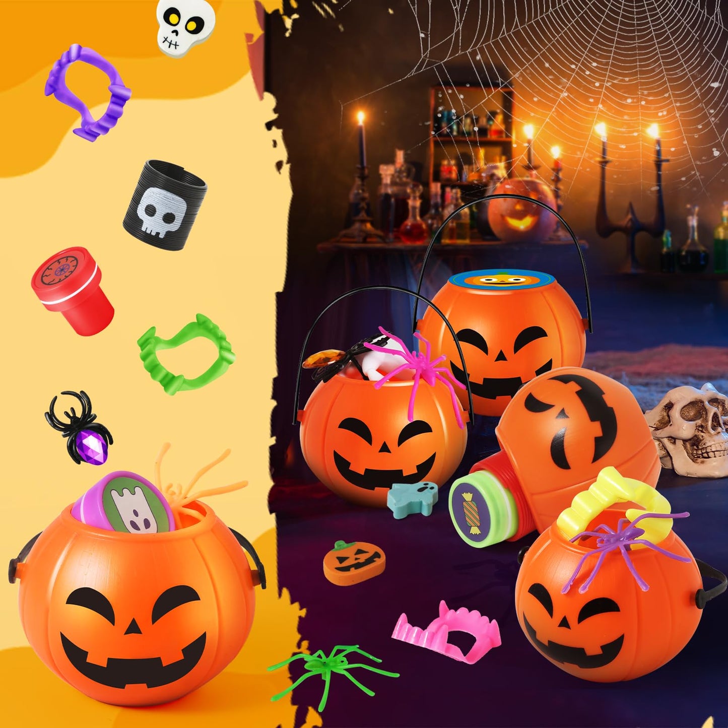 168PCS Halloween Party Favor for Kids, 24Pack Prefilled Halloween Pumpkins with Toys, Spider, Vampire Teeth, Spider Ring, Springs, Erases and Stamps for Trick or Treat, Halloween Goodies Bag Stuffers