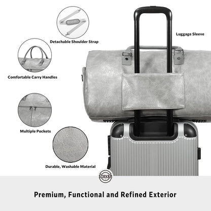 STOVER Garment Travel Duffle Bag, Large 2-in-1 Convertible Carry-on Luggage for Men & Women- Hanging Suits, Dresses & Clothes + Shoe Compartment- Weekender Tote Combo Duffel (Grey Leatherette)