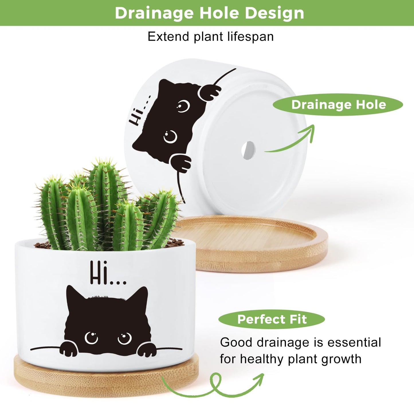 KONROOWEI 3 Pcs Cat Ceramic Plant Pots,Funny Cat Planter Gifts for Women,for Indoor Plants Garden Planters Succulent Pots, with Drainage Holes and Saucer(No Plants)