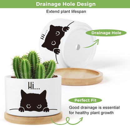 KONROOWEI 3 Pcs Cat Ceramic Plant Pots,Funny Cat Planter Gifts for Women,for Indoor Plants Garden Planters Succulent Pots, with Drainage Holes and Saucer(No Plants)