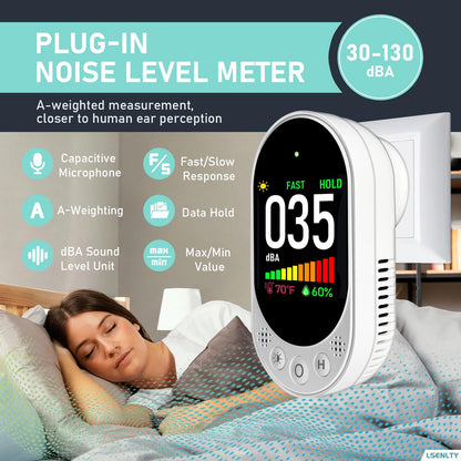 LSENLTY Decibel Meter Plug-in Wall, 30-130dBA Sound Level Meter, Data Hold&Max/Min&Fast/Slow Response 3-in-1 Noise Detector(TEM&Humidity), A-Weighted Noise Measuring Device for Classroom Home 2 Pack