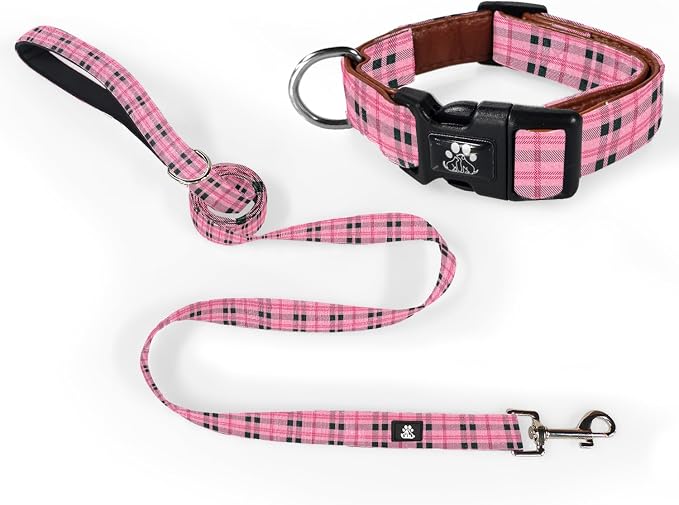 NESTROAD Dog Collar and Leash Set,Soft Neoprene Pet Collar with Quick Release Buckle,Adjustable Nylon Dog Collars for Small Medium Large Dogs(Large,Cherecked Pink)