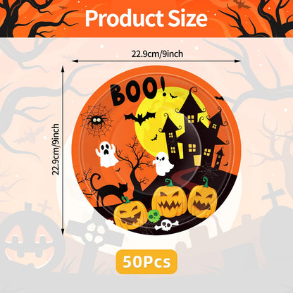 Jremreo 50 Pcs 9-Inch Halloween Paper Plates - Spooky Haunted House Party Supplies Set, Disposable Tableware with Ghost, Pumpkin, and Bat Designs for Candy, Snack, Dessert, Trick or Treat Decorations