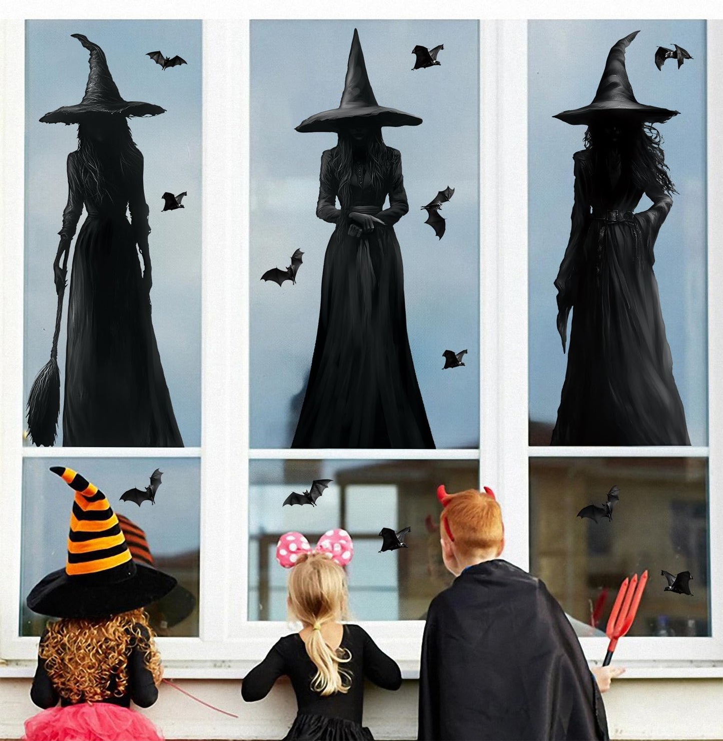 Halloween Decorations Window Clings Decor: 3pcs Large Realist Dark Witch Bats Silhouette Halloween Decals Cling Indoor, Scary Creepy Style School Home Office Party Supplies for Glass Windows