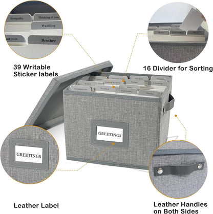 Greeting Card Organizer Box with 16 Dividers,Collapsible Greeting Card Storage Box with Handles Hold 150+ Cards,Greeting Card Holder for Greeting Cards,Sticker, Recipes, Photos, Envelopes,2-Pack
