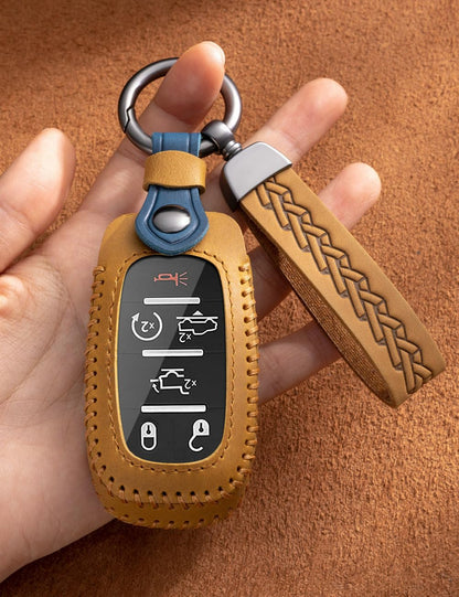 YINEOR for Dodge Ram Key Fob Cover Leather Car Key Case Protector keychain Smart Key Fob Holder Compatible for 2019-2026 Dodge Ram 1500 2500 3500 4500 5500 (Brown)