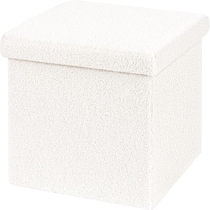 B FSOBEIIALEO Small Storage Ottoman Cube Sherpa Ottomans Foot Rest, Foldable Boucle Ottoman, Faux Teddy Fur, Cream White 15"x15"x15"