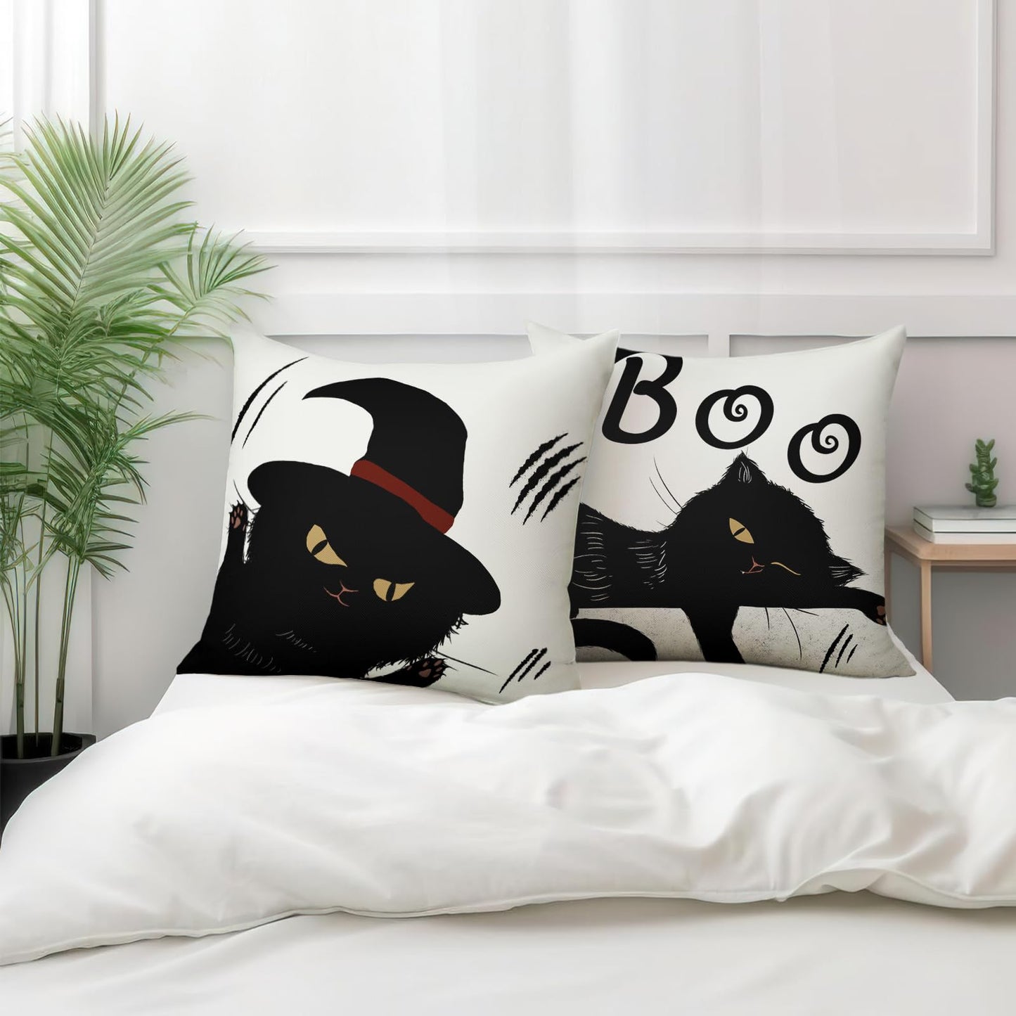 Cryfox Witch Cat Halloween Pillow Covers 18x18 Inch Set of 2 Black Boo Throw Pillows Cover Cute Holiday Pillow Cushion Case for Home Sofa Decorations