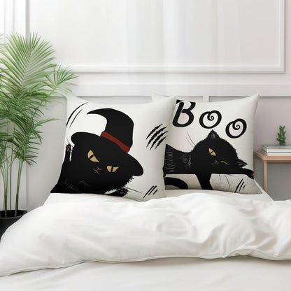 Cryfox Witch Cat Halloween Pillow Covers 18x18 Inch Set of 2 Black Boo Throw Pillows Cover Cute Holiday Pillow Cushion Case for Home Sofa Decorations