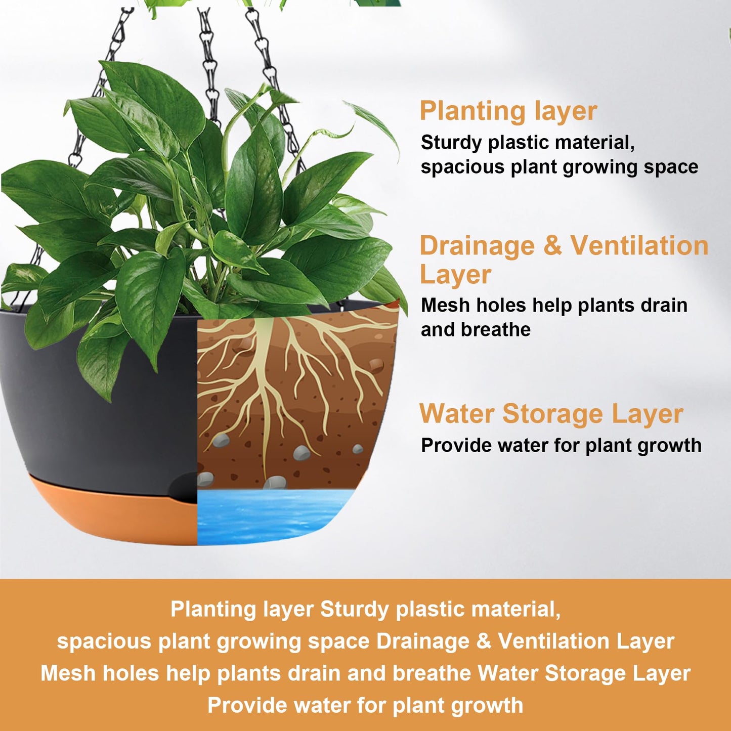 KPUVX 10 inch Plant Pot Hanging Planters Self Watering Pots for Indoor Plants, 3 Pack Plastic Hanging Basket with Removable Tray for Home Garden Porch Balcony Patio Decor(Black)