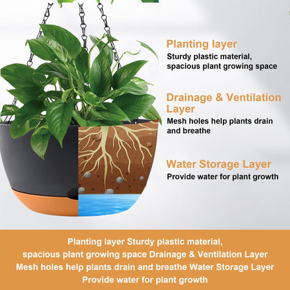 KPUVX 10 inch Plant Pot Hanging Planters Self Watering Pots for Indoor Plants, 3 Pack Plastic Hanging Basket with Removable Tray for Home Garden Porch Balcony Patio Decor(Black)