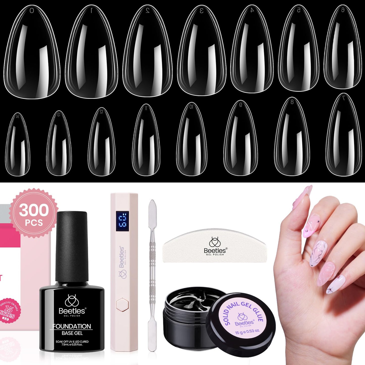 Beetles Gel Nail Extension Kit Almond Shape, Easy 9 in 1 Glue Uv Led Set Etch X Nail Tips Short Almond Half Matte Tips, Gift for Women & Girls, 504 pcs