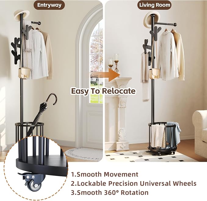 Uniclinens Freestanding Wooden Coat Rack with Umbrella Holder，Black Coat Rack with Hooks, Space-Saving Entryway Organizer for Hanging Clothes and Storing Towels, Bedroom, Living Room
