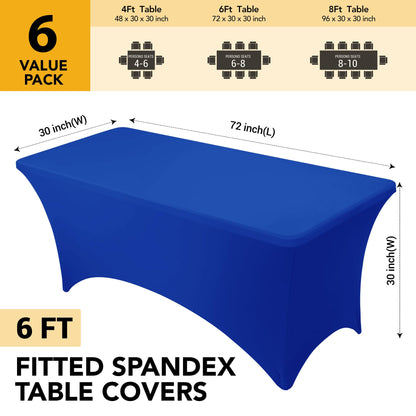 Dailyset 6-Pack Premium Royal Blue Spandex Tablecloths for 6ft Rectangle Tables, Stain & Wrinkle-Resistant, Washable Stretch Polyester Fitted Table Cover for Weddings, Banquets, Events, Parties