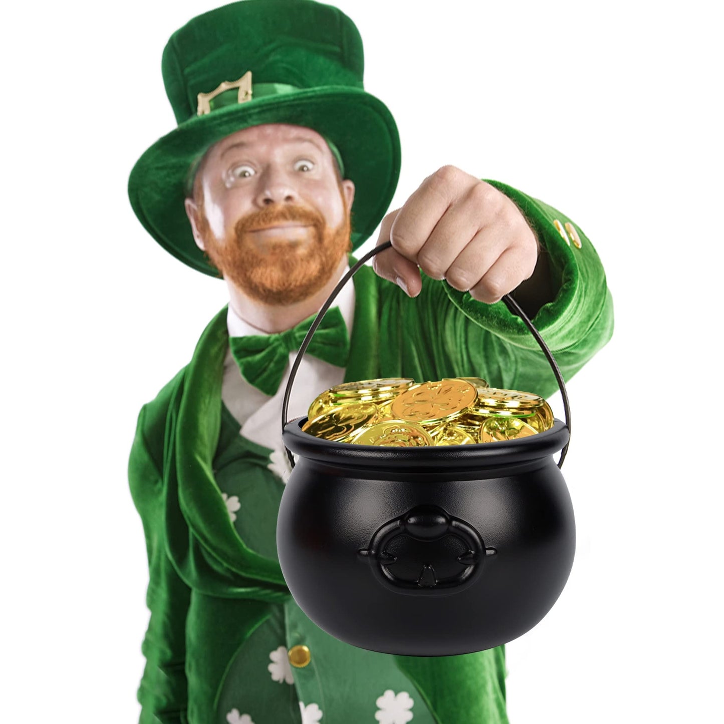 Zcaukya St Patricks Day Coin Pot, 7.4" Black Plastic Cauldron Kittle with Handle, Punch Bowl for Parties, Parade, Carnival, Dressing Accessories, Halloween Trick or Treat, Easter Egg Hunt