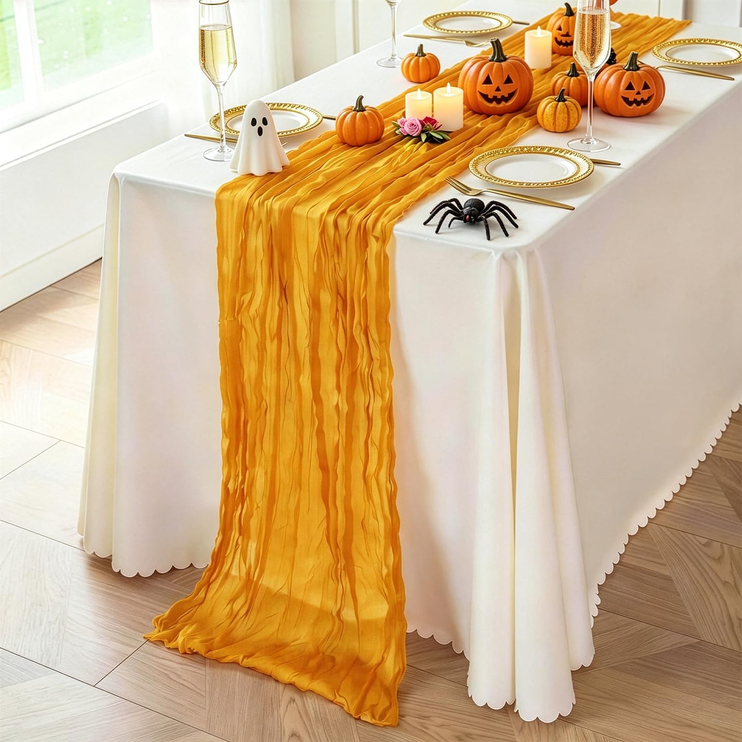 3 Pcs Gold Cheesecloth Table Runner, 35"×120" Halloween Gauze Sheer Table Runner, 10FT Boho Cheese Cloth Table Decorations for Thankgiving Wedding Birthday Autumn Rustic Decor