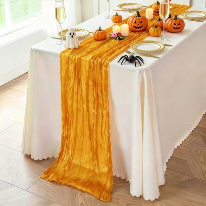 3 Pcs Gold Cheesecloth Table Runner, 35"×120" Halloween Gauze Sheer Table Runner, 10FT Boho Cheese Cloth Table Decorations for Thankgiving Wedding Birthday Autumn Rustic Decor