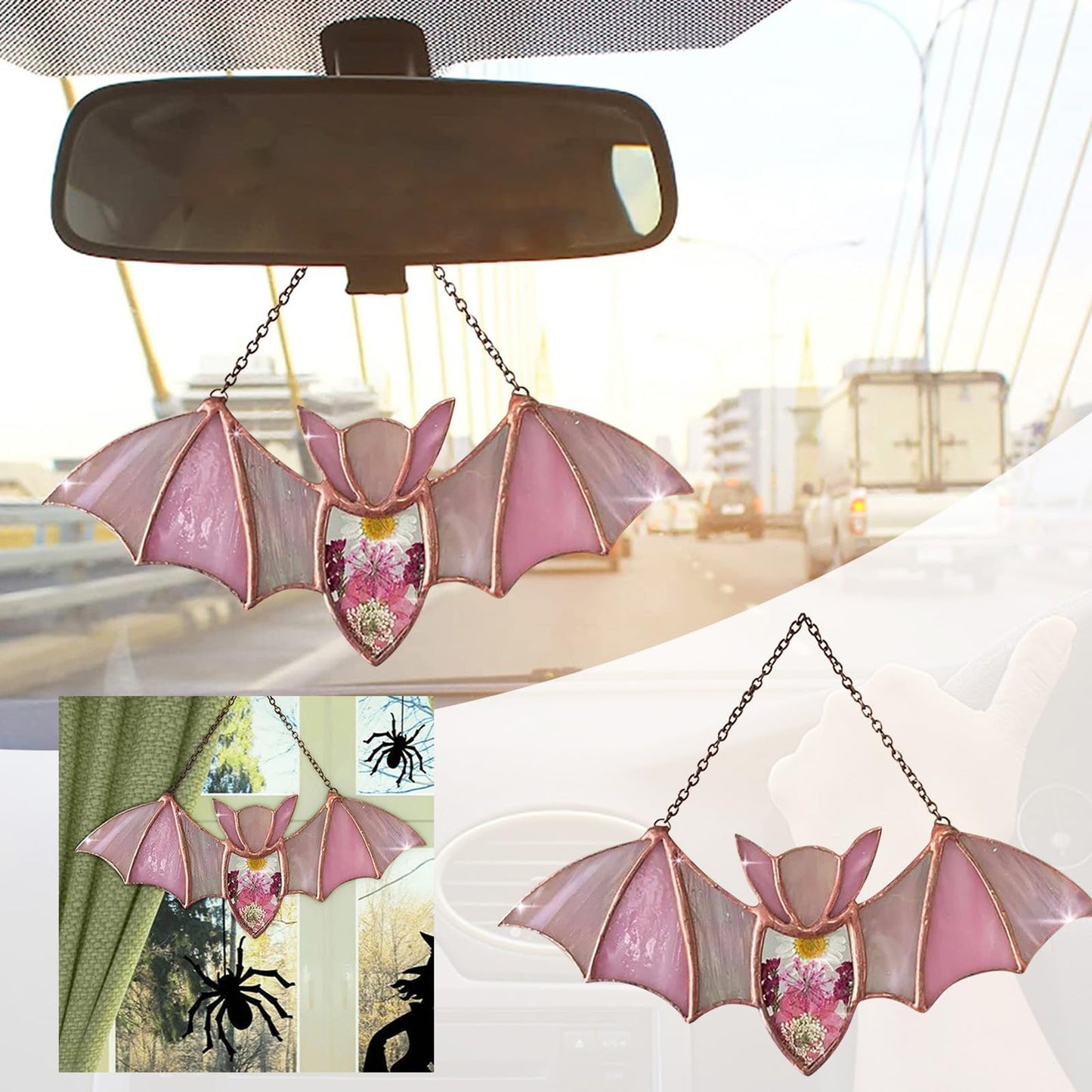 BDHRKTE Bat Decoration Window Hanging Suncatcher,Stained Glass Window Hanging, Handmade Translucent Decorative Art, Halloween Home Decor