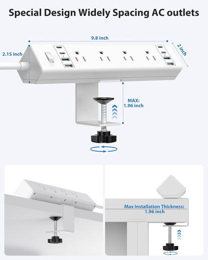 40W Fast Charging Station,Desk Clamp Power Strip 20W USB C,8 Outlets,8 USB Ports,4 USB C and 4 USB A, Office Furniture Surge Protector, 14AWG Cord, Fits 1.9" Tabletop Edge (White, 10FT Length)