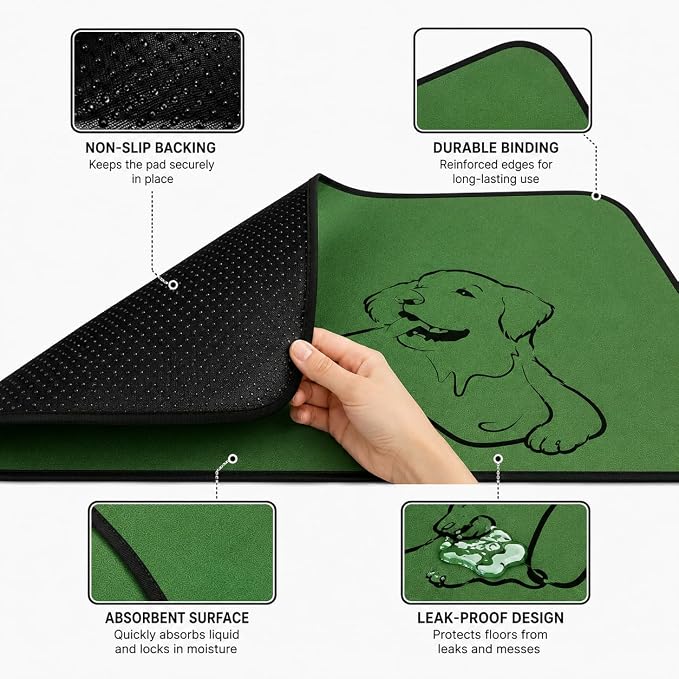 2 Pack Washable Pee Pads for Dogs 24"x24", Reusable Training Puppypads Absorbency Non-Slip & Leak-Proof for Pet Whelping Box Playpen Crate Sofa Bed Floors (Green)