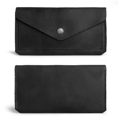 Hide & Drink, Full Grain Leather Large Female Wallet, Travel Organizer for Women, Vintage Money and Card Holder, Handmade, Charcoal Black