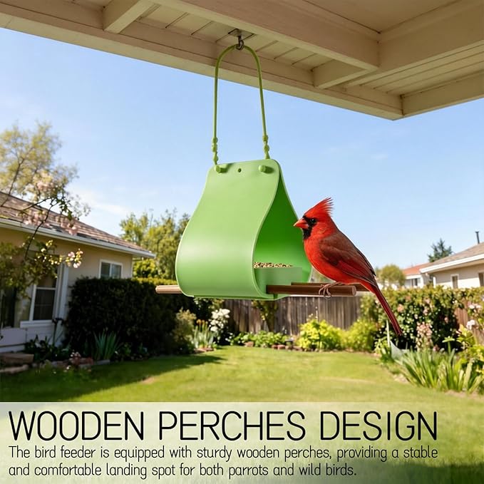 Hanging Bird Feeder with Wooden Perches, No Mess Silicone Feeding, Adjustable Strap for Parrots and Wild Birds, for Garden, Patio, and Balcony Decor (Blue)