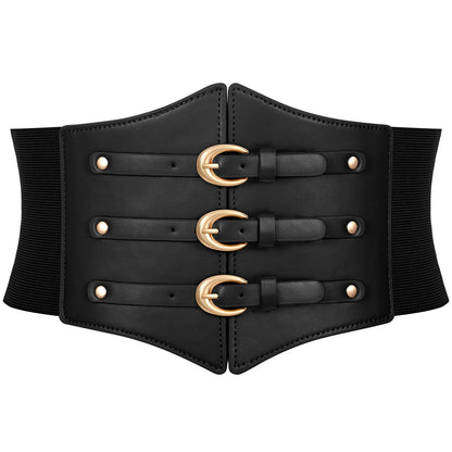 JKEEMI Women Corset Belt Wide Stretchy Waspie Elastic Waist Belt with Gold Buckle for Daily Cosplay Halloween Costume