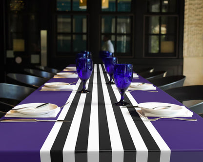 Oudain 6 Pcs Striped Tablecloth 108 x 54 Inch Disposable Plastic Table Cloth Waterproof Tablecloth Rectangle Table Cover for Halloween Birthday Wedding Bridal Party Supplies (Black White Purple)