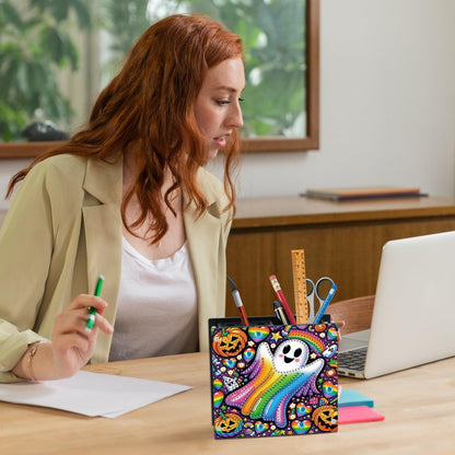 MVVMTOP Diamond Painting Pen Holder Kit Halloween Rainbow ghost and pumpkin Theme Acrylic Desk Organizer DIY Diamond Art Special Shape Pencil Holder for Office Home Decoration Holiday Gift