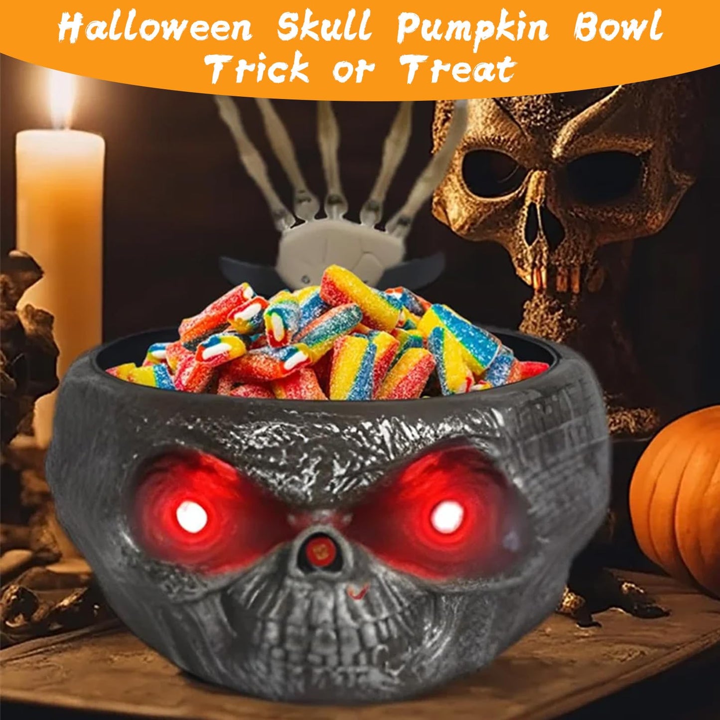 Halloween Candy Bowl, Animated Halloween Skull Pumpkin Bowl, Automatic Sensor/Button Press Scary Candy Dish with Creepy Moving Skeleton Hand and Scream for Trick or Treat to Kids(Skeleton Style)