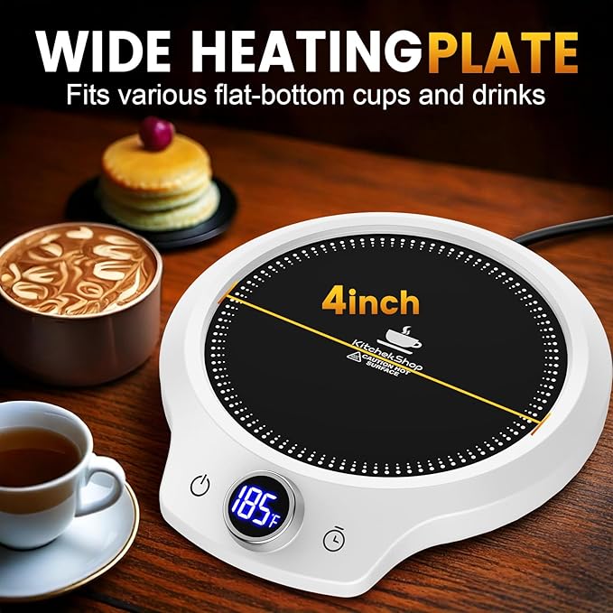 Fast Heating Mug Warmer - 4 Temp Settings & 1-12H Timer, Coffee Cup Warmer Plate for Desk Auto Shut Off, Ideal Beverage Warmer Gift for Coffee, Tea, Milk (White)