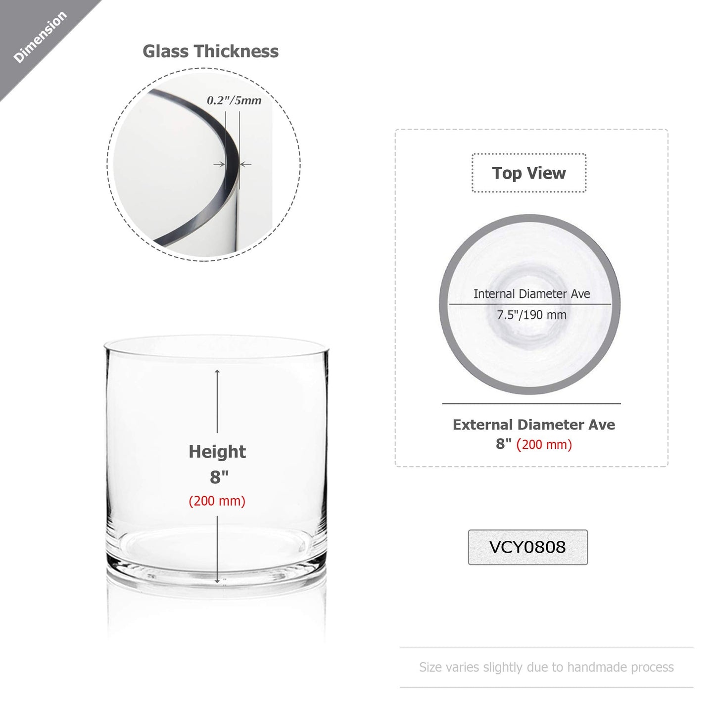WGV Cylinder Vase, Width 8", Height 8", Clear Wide Large Diameter Flower Glassware, Floral Container, Planter Terrarium for Wedding Party Event, Home Accent Decor, 1 Piece