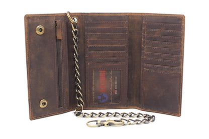 CAZORO Biker Skull Chain Wallet RFID Signal Blocking Men's Vintage Leather Long Tri-fold Chain Checkbook Card ID Wallet (Skull Brown)