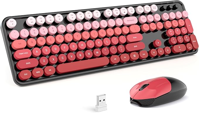 MOFII Wireless Keyboard and Mouse Combo, Full Size 2.4G Plug and Play Typewriter Retro Round Computer Keyboard and Mouse Set for Windows, Computer, Desktop, PC, Notebook - (Black Red Gradient)