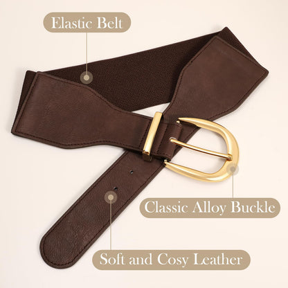 XZQTIVE Women Wide Elastic Waist Belt for Dresses Fashion Cinch Belts Stretchy Waistband with Gold Buckle, Chocolate Brown(Fit Waist Size 38"-42")