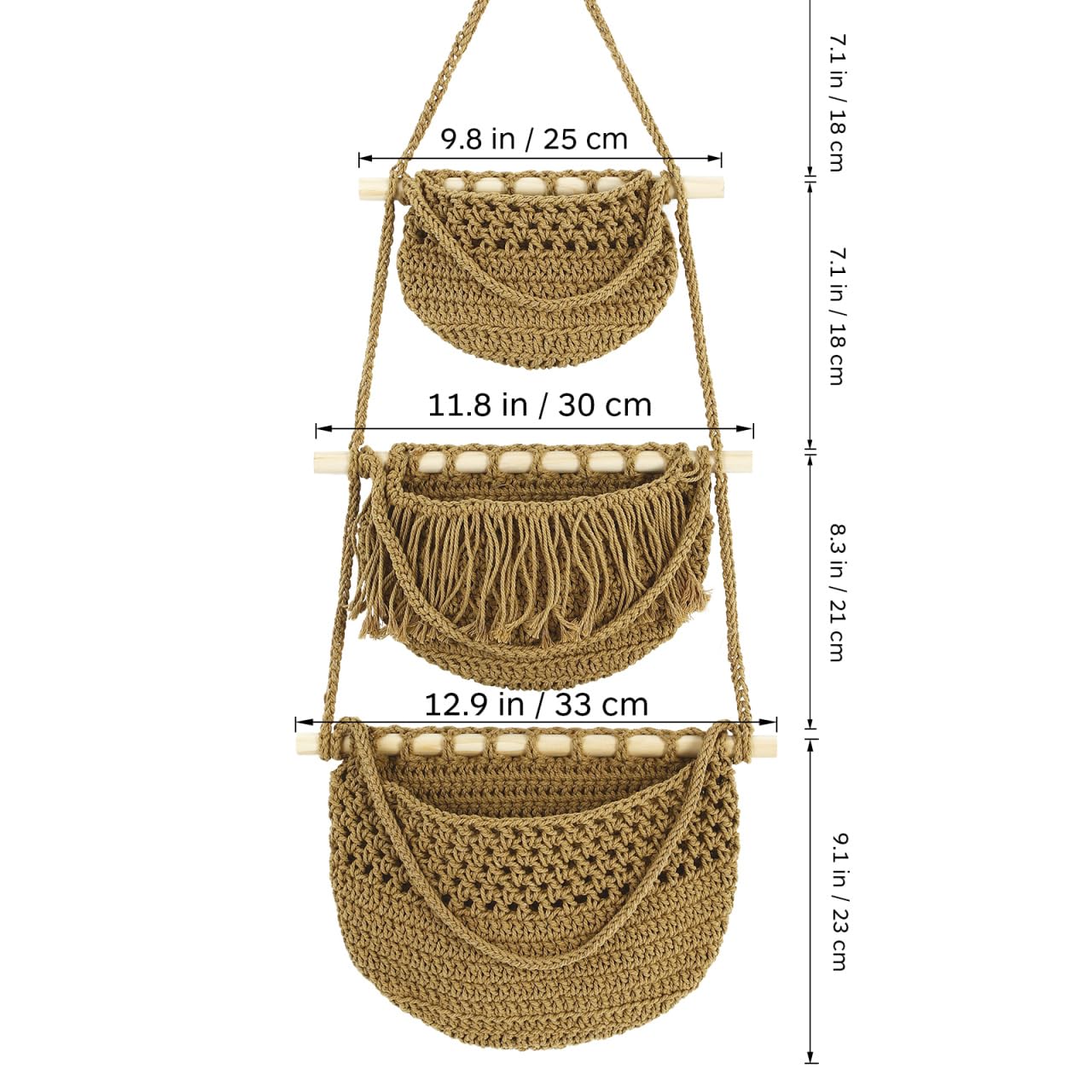 Cabilock 3 Tier Hanging Fruit Basket for Kitchen - Boho Macrame Woven Wall Storage for Onion and Potato, Space-Saving Cotton Rope Produce Organizer for Pantry & Bathroom