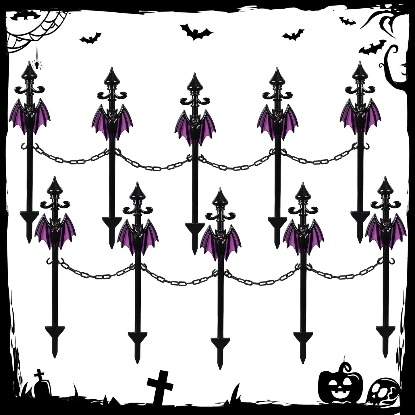Vercraft 10 Pack Halloween Fence for Garden Outdoor Halloween Yard Decorations Lawn Stake with Connecting Chain Spooky Cemetery Decor for Outdoor Yard Graveyard Pathway Haunted House Party(Bat)