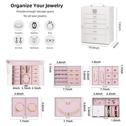 FEIYAN Large Jewelry Box,5-Tier PU Leather Jewelry Organizer with Lock,Multi-functional Storage Case with Mirror,Jewelry Organizer for Bracelets, Earrings, Rings, Necklaces, Mothers Day (CREAM)