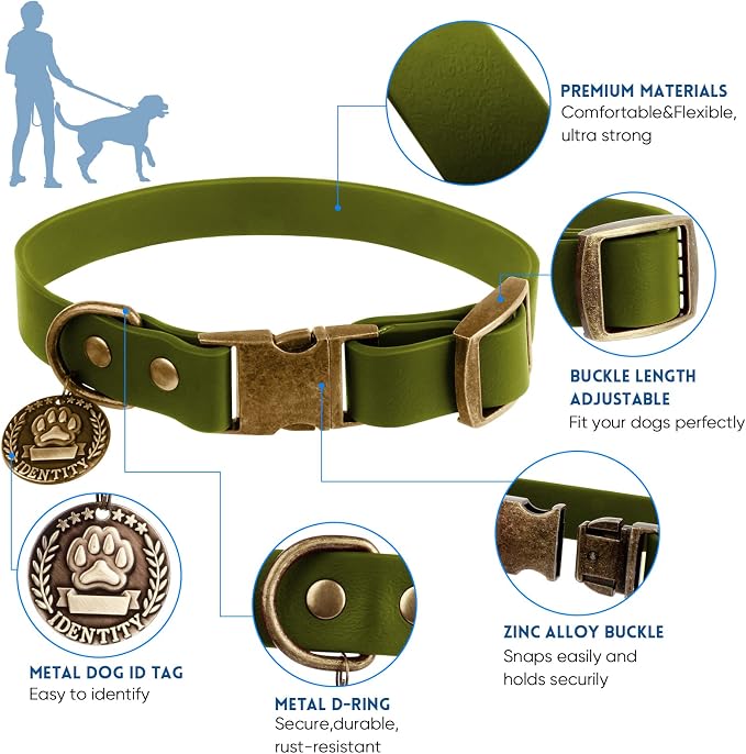 Wisedog Waterproof Dog Collar and Leash Set, Large, Green | Adjustable Puppy Collar, Cute Tag, 5FT Leash, Includes Poop Bag, For Small Medium Large Dogs