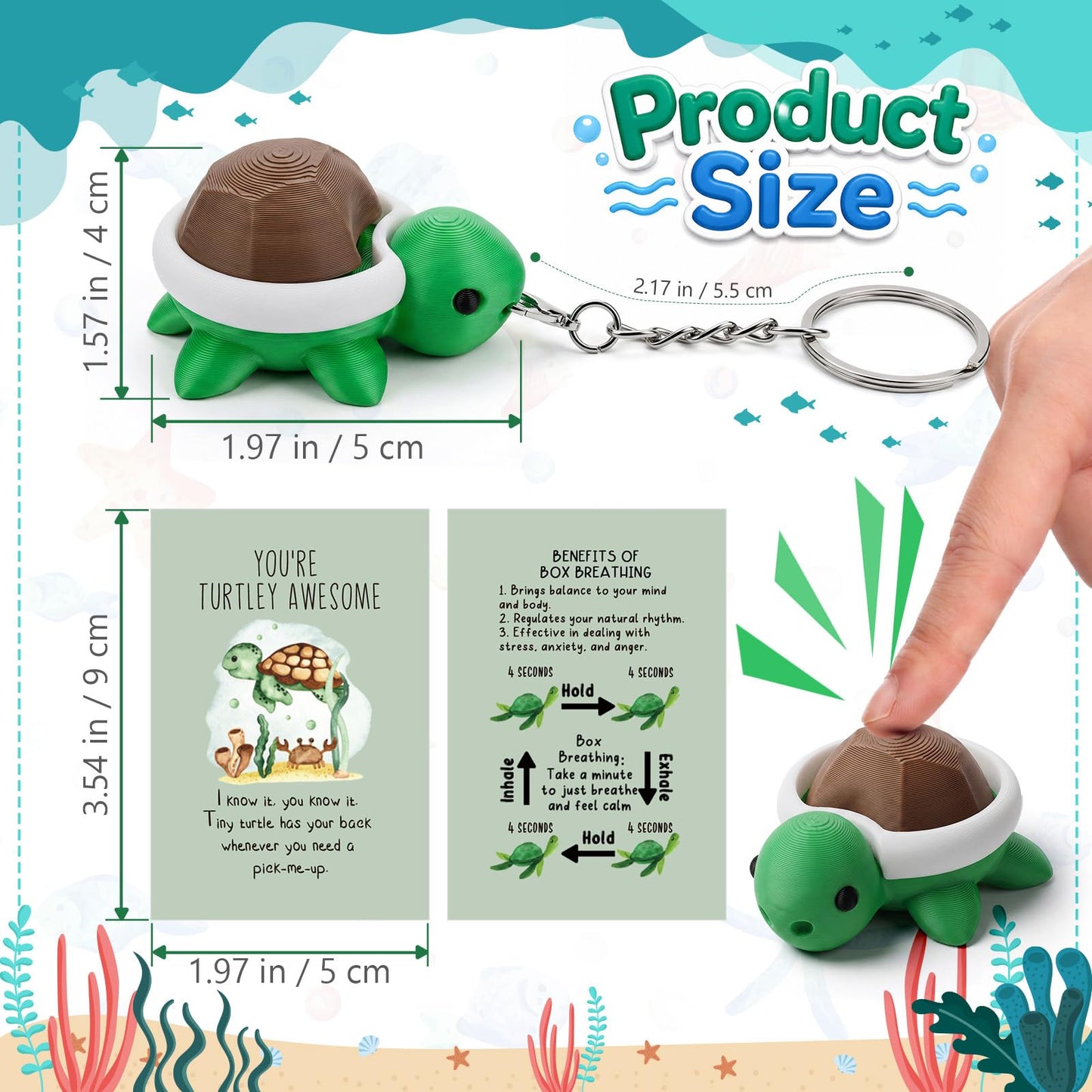 Junkin 24 Set Turtle Fidget Clicker Keychain 3D Printed Turtle Sensory Clicker Keychain Stress Relief with Inspirational Cards Employee Appreciation Gifts for Graduation Adult Coworkers Staff Team