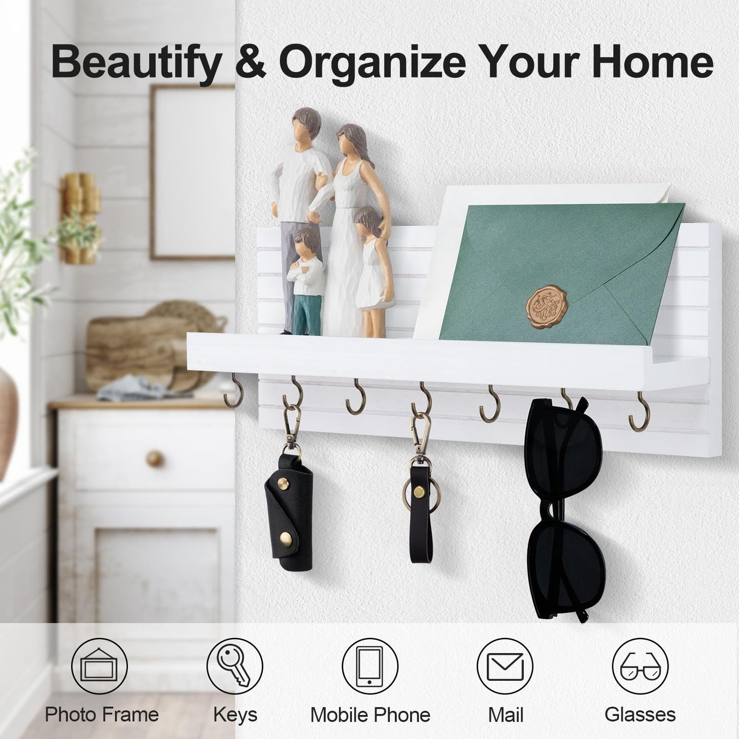 Lwenki Decorative Key Holder for Wall with Shelf, Entryway Shelf with Hooks Holds Leashes, Jackets and Glasses – Sturdy Wood Keyholder Entrance Hanger with Mounting Hardware (White, Large)