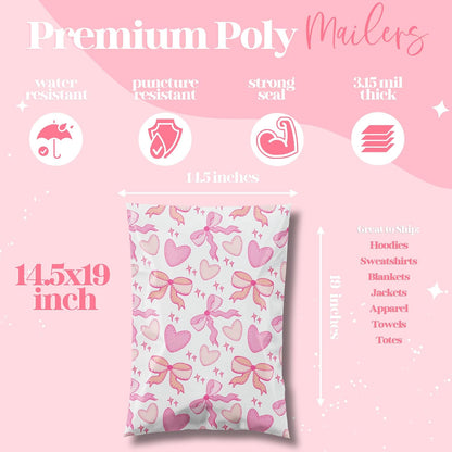 14.5x19 Designer Poly Mailer 100 Pack Heavy Duty Waterproof Self Seal Shipping Bags for Small Business Large Mailing Envelopes Bulk Tear Resistant Packaging Coquette Bows Hearts